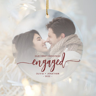 First Christmas Engaged Custom Photo Red Script Ceramic Tree Decoration