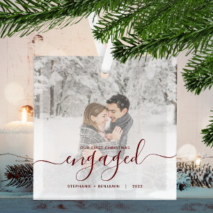 First Christmas Engaged Custom Photo Red Script Glass Tree Decoration