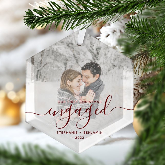 First Christmas Engaged Custom Photo Red Script Glass Tree Decoration (Creator Uploaded)