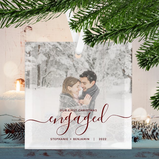 First Christmas Engaged Custom Photo Red Script Glass Tree Decoration (Creator Uploaded)