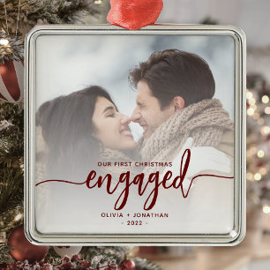 First Christmas Engaged Custom Photo Red Script Metal Tree Decoration