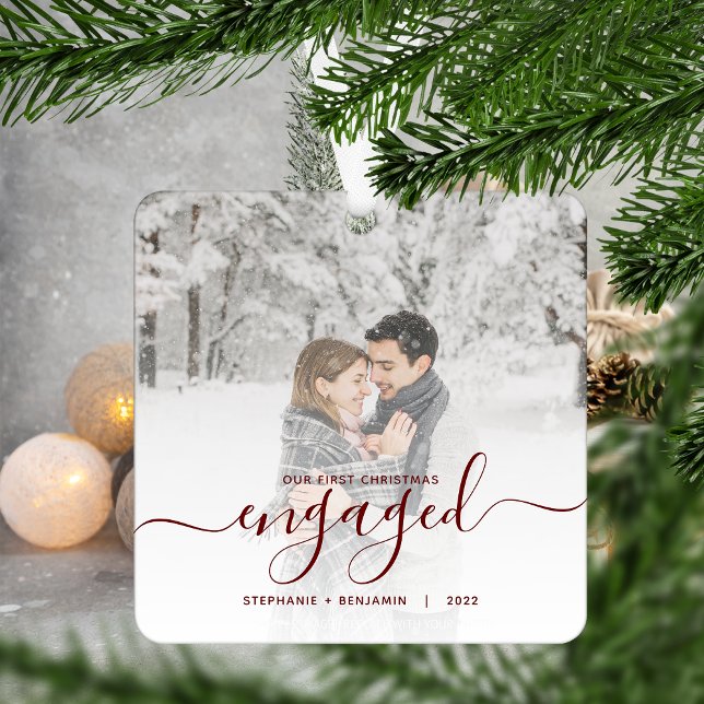 First Christmas Engaged Custom Photo Red Script Metal Tree Decoration (Creator Uploaded)