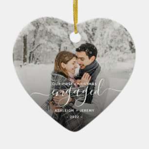 First Christmas Engaged Custom Photo White Script Ceramic Tree Decoration