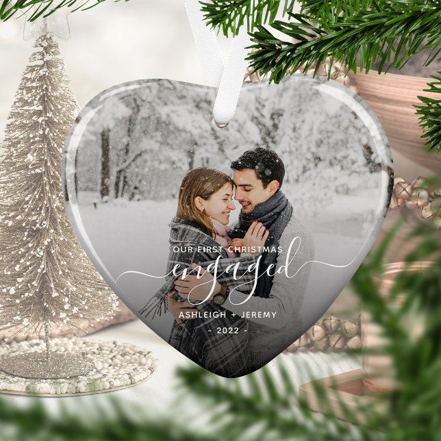 First Christmas Engaged Custom Photo White Script Ceramic Tree Decoration (Creator Uploaded)