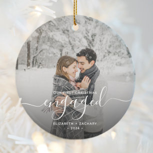First Christmas Engaged Custom Photo White Script Ceramic Tree Decoration