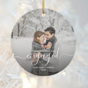First Christmas Engaged Custom Photo White Script Ceramic Tree Decoration