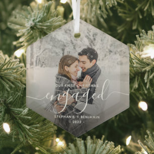 First Christmas Engaged Custom Photo White Script Glass Tree Decoration