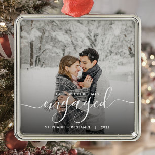 First Christmas Engaged Custom Photo White Script Metal Tree Decoration