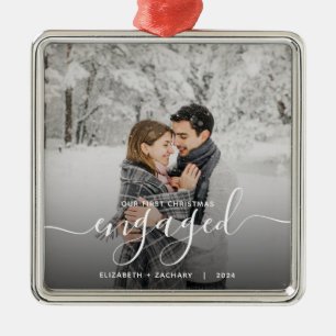 First Christmas Engaged Custom Photo White Script Metal Tree Decoration