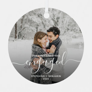 First Christmas Engaged Custom Photo White Script Metal Tree Decoration