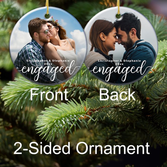 First Christmas Engaged Double Sided Photo Ceramic Tree Decoration (custom photo engagement christmas ornament engaged personalized gift for fiancee)