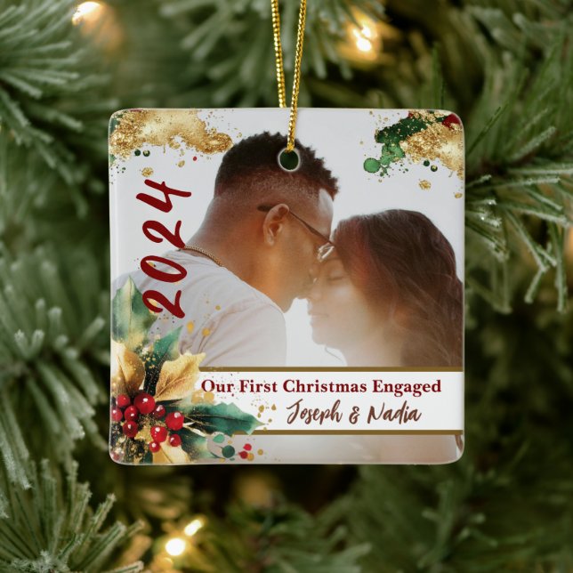 First Christmas Engaged, Engagement Photo 1st xmas Ceramic Ornament (Tree)