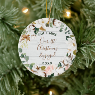 First Christmas Engaged Eucalyptus Wreath Photo Ceramic Tree Decoration