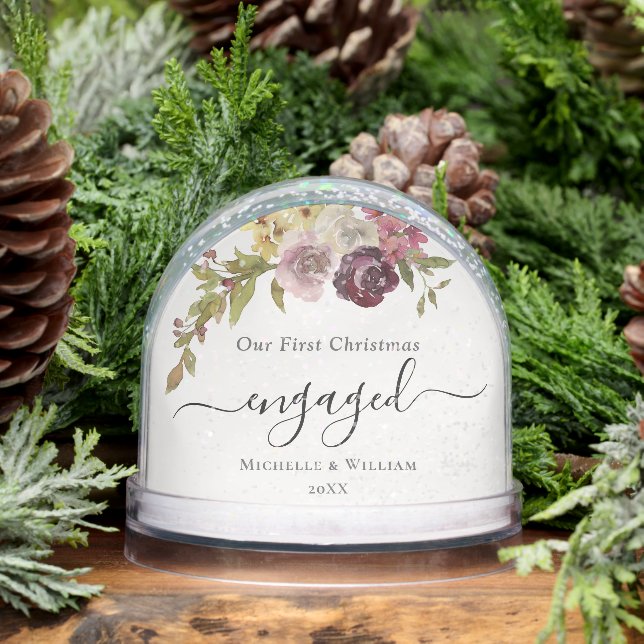 First Christmas Engaged Floral Monogram Photo Snowglobe (Winter)