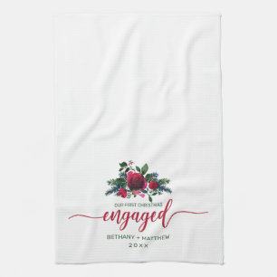 First Christmas Engaged Floral Red Rose Tea Towel