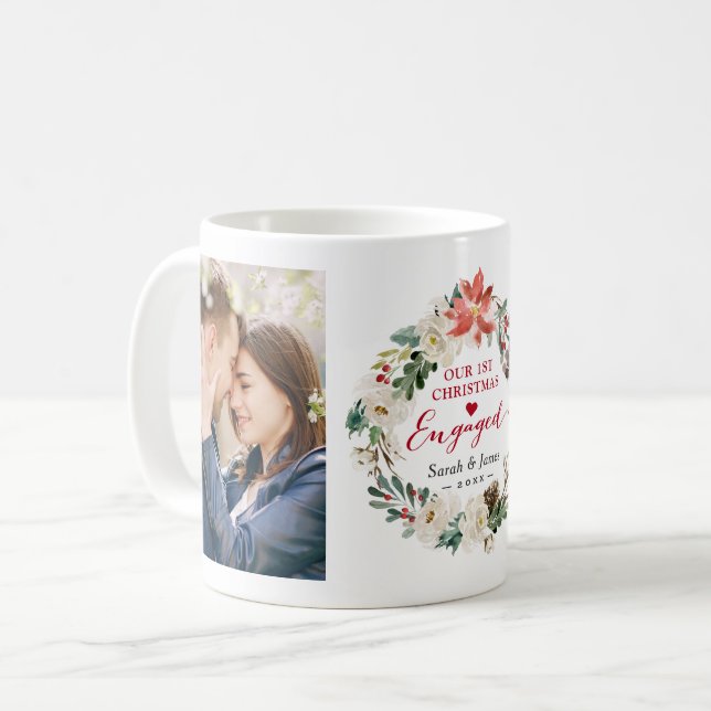 First Christmas Engaged Floral Wreath 2 Photos Coffee Mug (Front Left)