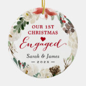 First Christmas Engaged Floral Wreath Photo Ceramic Tree Decoration (Front)