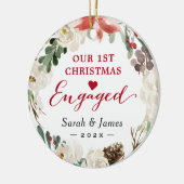 First Christmas Engaged Floral Wreath Photo Ceramic Tree Decoration (Left)