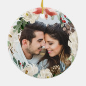 First Christmas Engaged Floral Wreath Photo Ceramic Tree Decoration (Back)