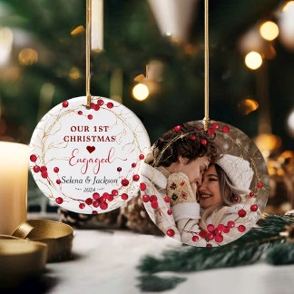 First Christmas Engaged Floral Wreath Photo Ceramic Tree Decoration
