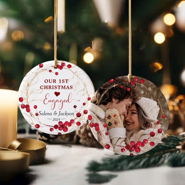 First Christmas Engaged Floral Wreath Photo Ceramic Tree Decoration (Creator Uploaded)