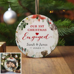 First Christmas Engaged Floral Wreath Photo Ceramic Tree Decoration<br><div class="desc">***** Don't forget to upload your favorite photo on the back. If you don't need the photo placement, you can remove it using design tool ***** Celebrate your First Christmas Engaged with this Poinsettia Floral Wreath Photo Ornament. Adding a favorite photo and text to this graceful design for a festive...</div>