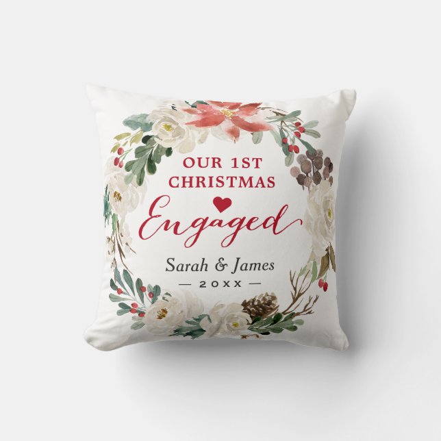 First Christmas Engaged Floral Wreath Photo Cushion (Front)