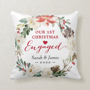 First Christmas Engaged Floral Wreath Photo Cushion