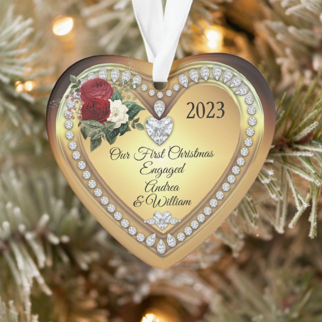 First Christmas Engaged Gold Diamonds Keepsake Ornament (Tree)