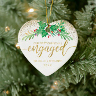 First Christmas Engaged Gold Glitter Holly Photo Ceramic Tree Decoration
