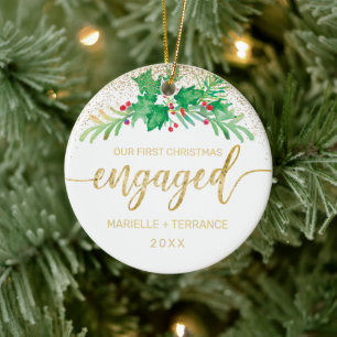 First Christmas Engaged Gold Glitter Script Holly Ceramic Tree Decoration