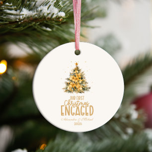First Christmas Engaged gold photo Ceramic Tree Decoration
