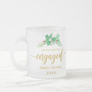 First Christmas Engaged Gold Script Holly Monogram Frosted Glass Coffee Mug