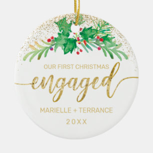 First Christmas Engaged Gold Script Holly Photo Ceramic Tree Decoration