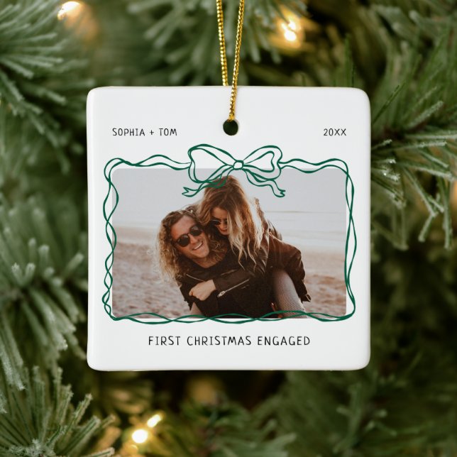 First Christmas Engaged Green Hand Drawn Bow Frame Ceramic Ornament (Tree)