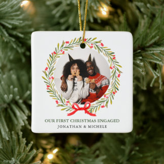 First Christmas Engaged Greenery Berries 2 photo Ceramic Ornament