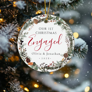 First Christmas Engaged Greenery Wreath Photo Ceramic Tree Decoration