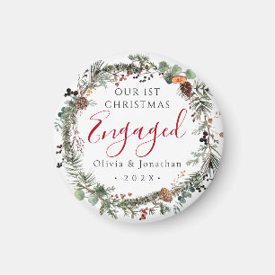 First Christmas Engaged Greenery Wreath Photo Magnet