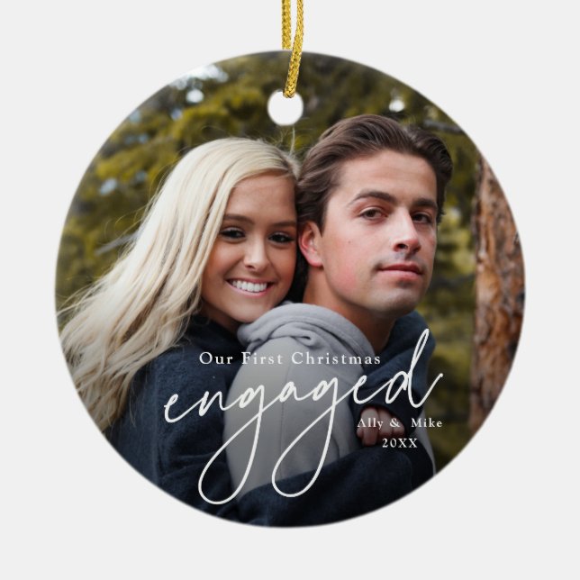 First Christmas Engaged Handwritten Photo Ceramic Tree Decoration (Front)