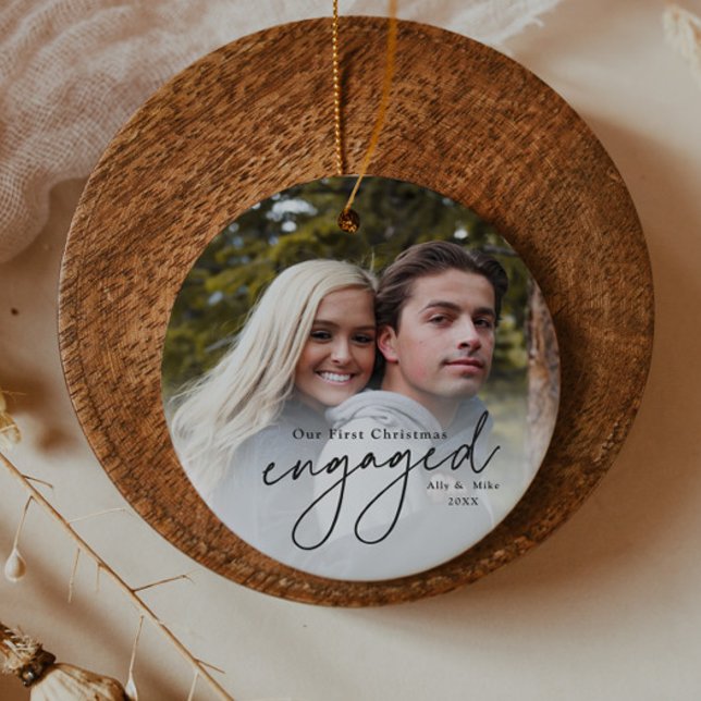 First Christmas Engaged Handwritten Photo Ceramic Tree Decoration (Elegant black script first christmas engaged 2 photo christmas tree holiday ornament.)