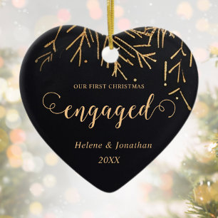 First Christmas Engaged Holiday Black Gold Unique Ceramic Tree Decoration