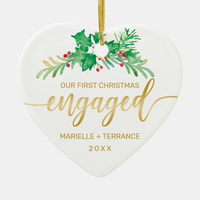 First Christmas Engaged Holly Gold Script Photo Ceramic Tree Decoration (Front)