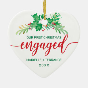 First Christmas Engaged Holly Red Script Photo Ceramic Tree Decoration