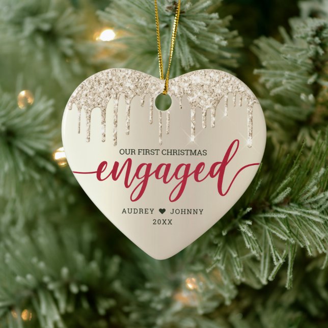 First Christmas Engaged Ivory Glitter Red Script Ceramic Tree Decoration (Tree)