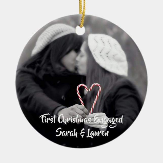 First Christmas Engaged | Lesbian Couple Ceramic Tree Decoration (Front)