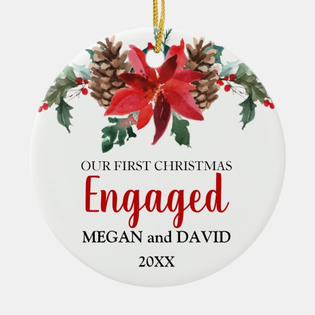 First Christmas Engaged Married photo poinsettia Ceramic Tree Decoration (Front)