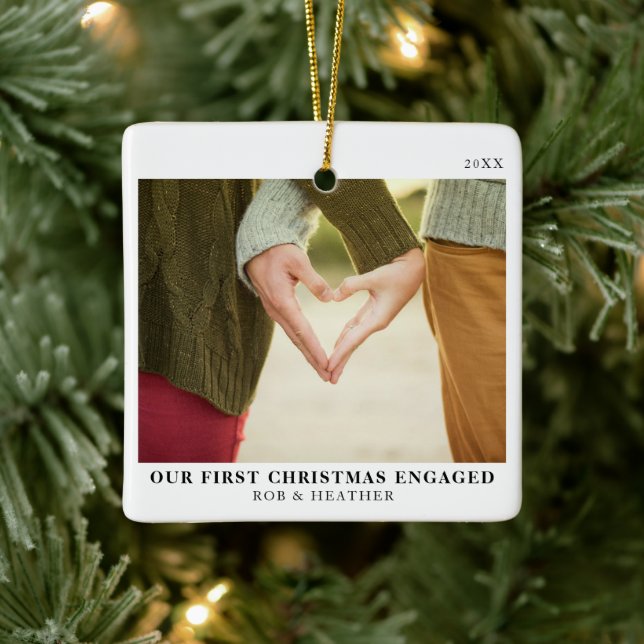 First Christmas Engaged Minimal Engagement Photo Ceramic Ornament (Tree)