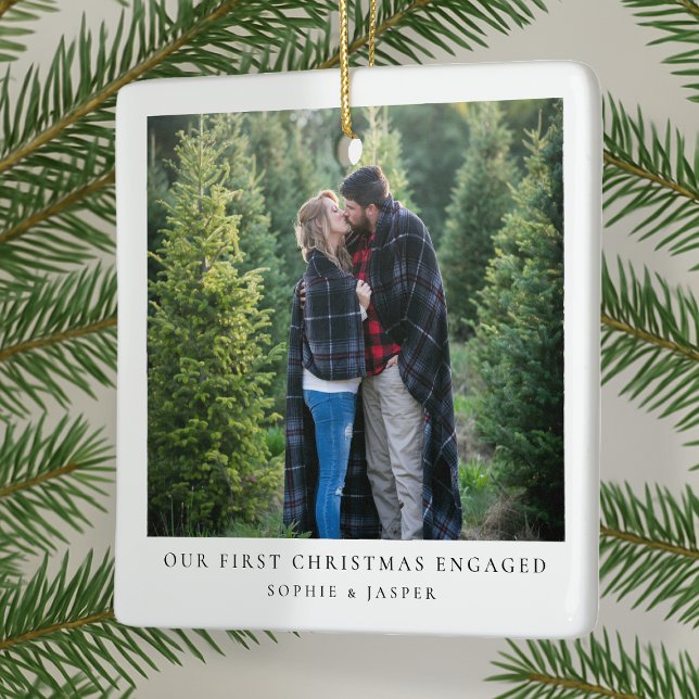 First Christmas Engaged | Minimal Engagement Photo Ceramic Ornament (Our 1st Christmas Engaged photo ornament by Guava, perfect for couples celebrating their engagement)