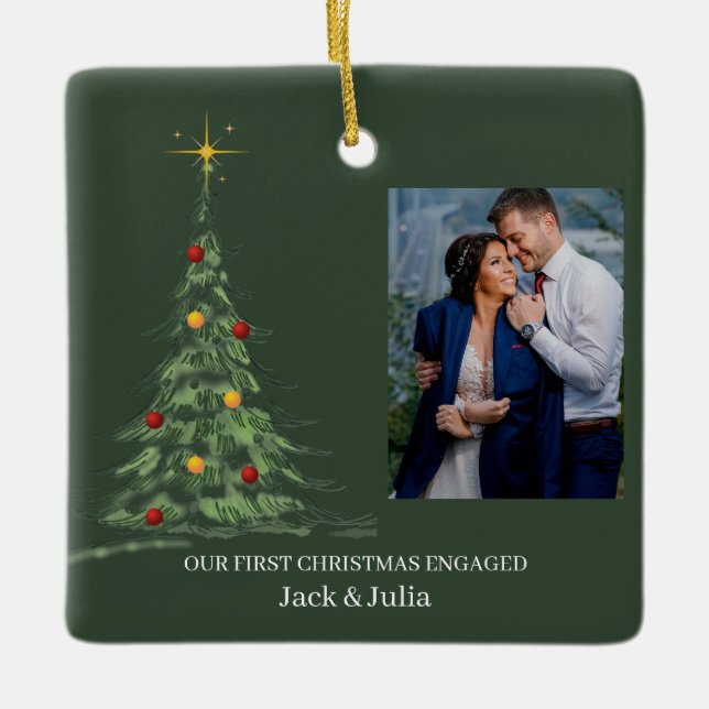 First Christmas Engaged | Minimal Engagement Photo Ceramic Ornament (Front)