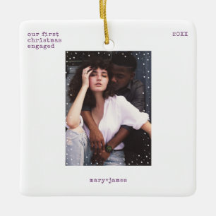 First Christmas Engaged Minimal Typewriter Photo Ceramic Ornament